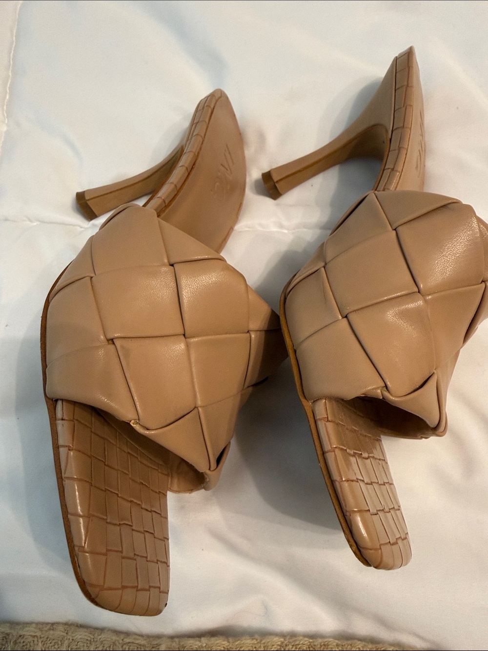INC International Concepts Tan Woven Knot Heeled Mules